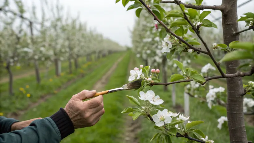 An apple breeder carefully hand-pollinating a white apple blossom in a spring orchard using a small brush