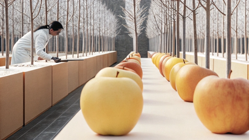 Researcher examining diverse apple seedlings in test orchard showing variation in fruit characteristics