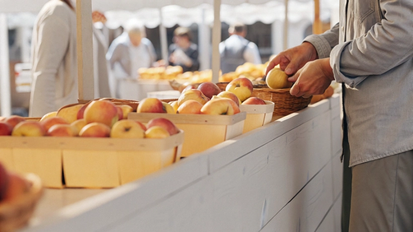 Farmer arranging fresh apples at a market stand with customers in the background
