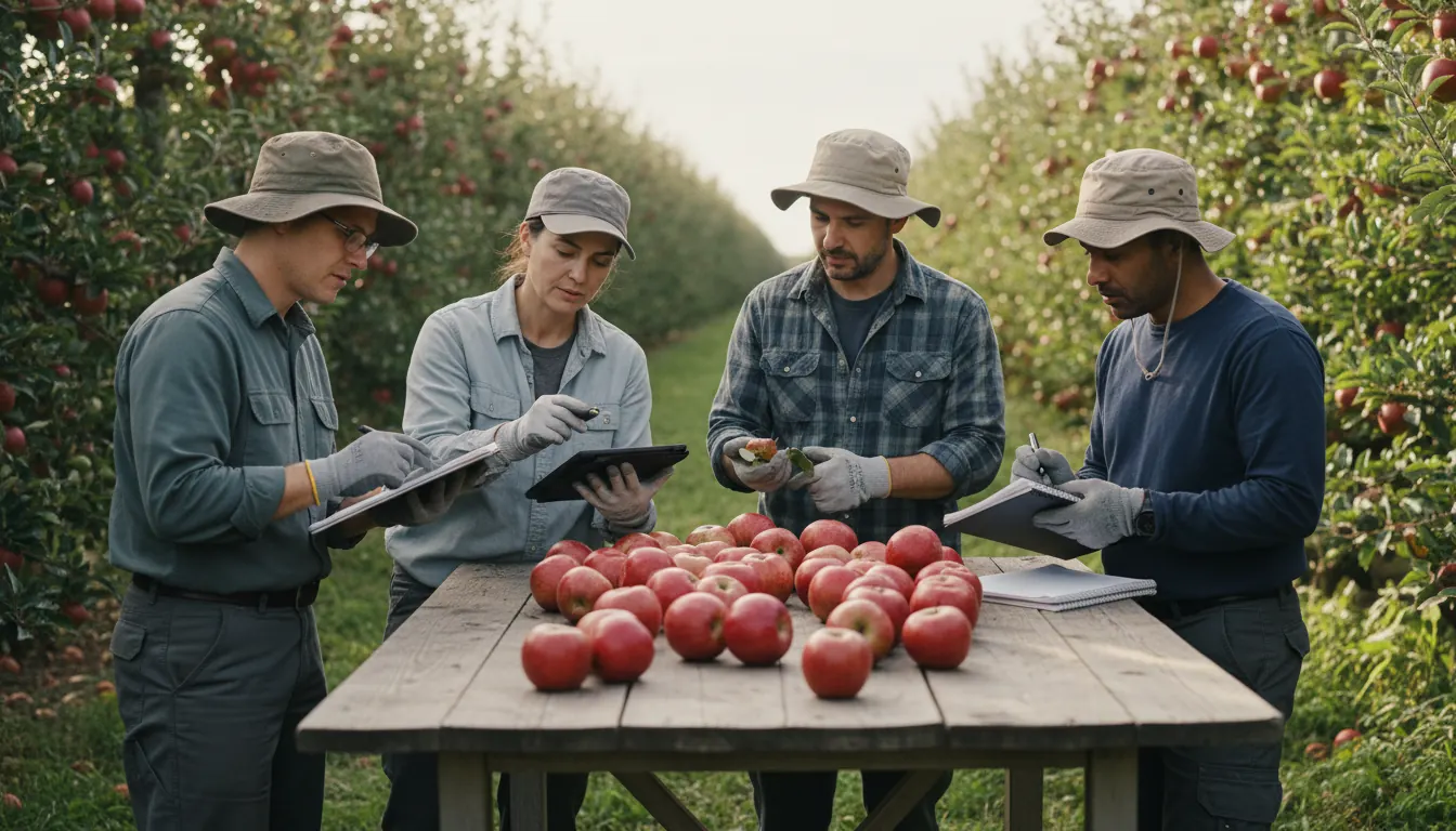 MAIA researchers evaluating apple fruit quality and disease resistance in experimental orchard plots