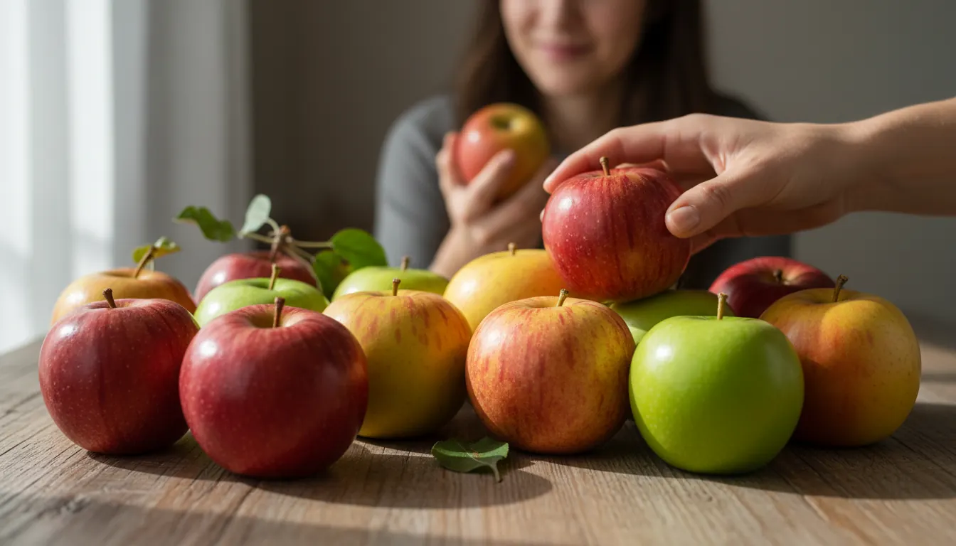 Display of different MAIA apple varieties showing color diversity and fruit characteristics