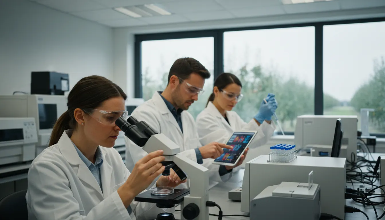 Scientists performing genetic analysis and marker-assisted selection work in apple breeding laboratory