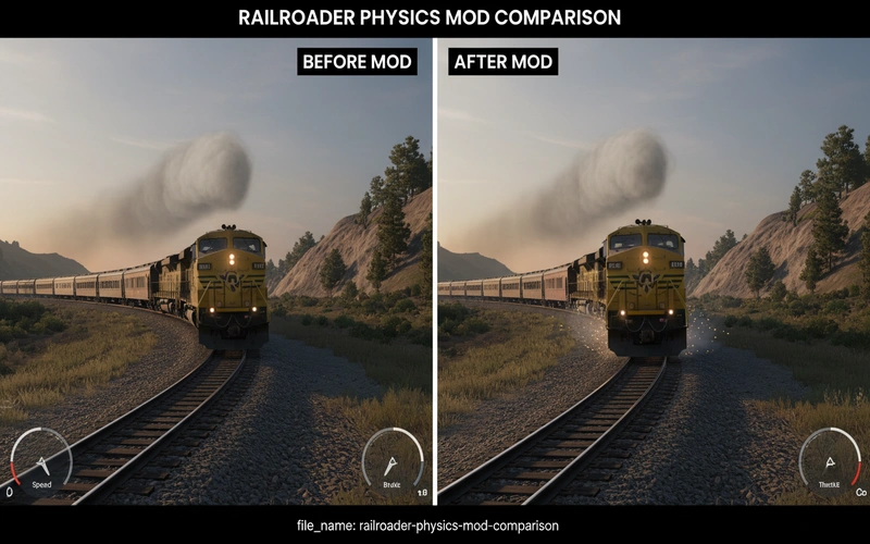 Before and after comparison showing improved locomotive physics and realistic train handling