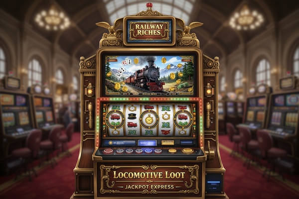 Railway-themed casino slot machine display