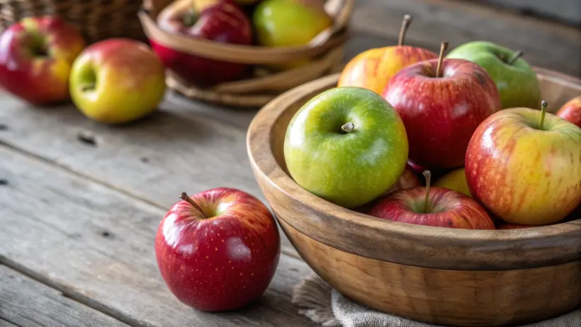 A close-up of freshly picked red, green, and yellow apples arranged together in a rustic wooden bowl on a farmhouse table