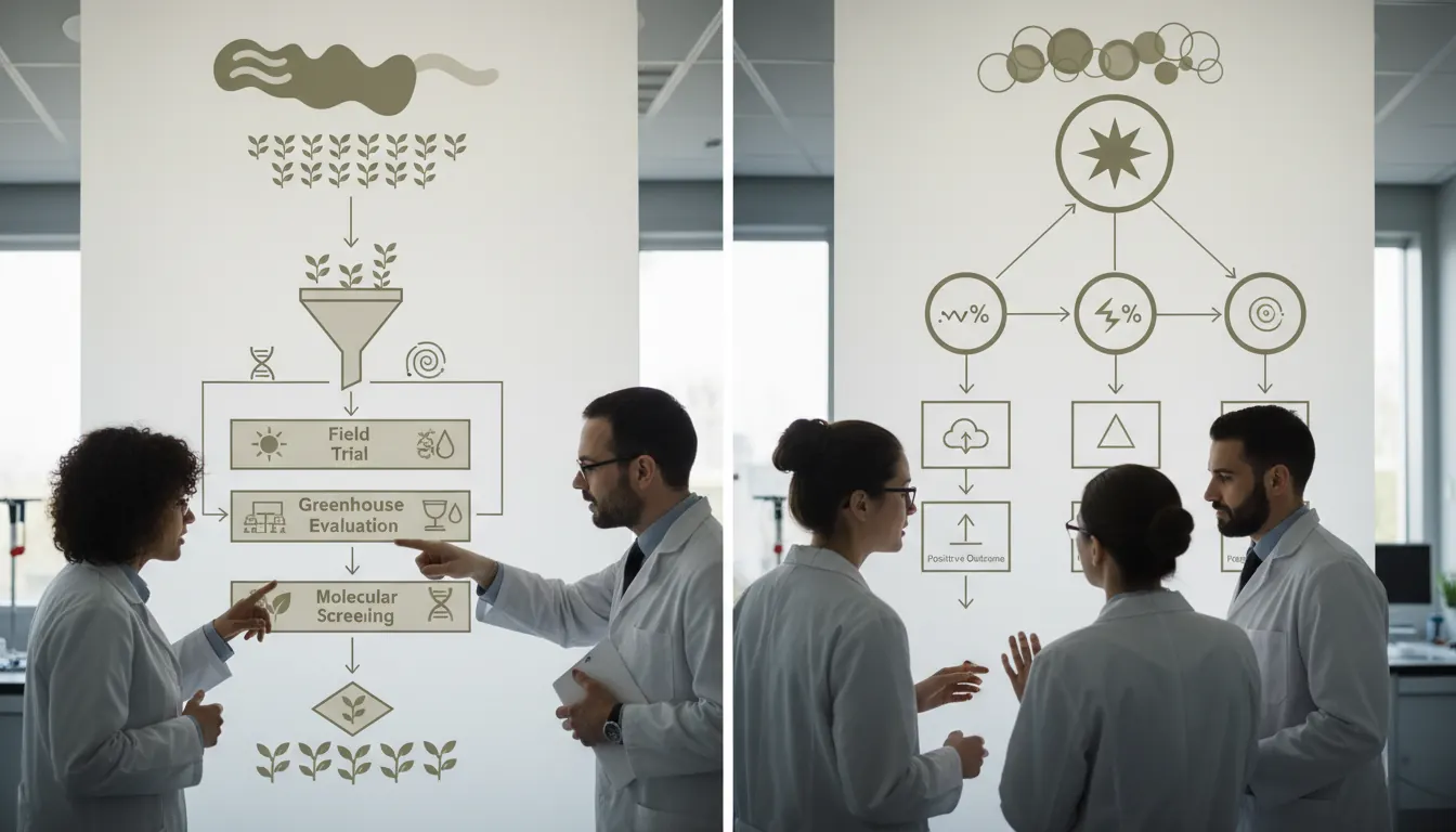 Diagram comparing multi-stage selection processes in breeding programs and probability-based decision trees