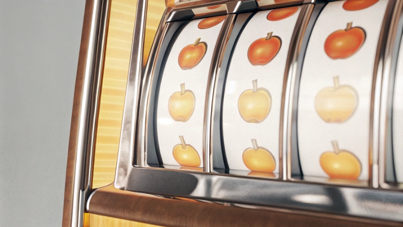 Classic slot machine displaying fruit symbols including red apples on the reels
